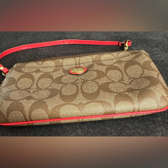 Classic Coach brown with orange accents, large pouch wristlet,inside/out zippers - Picture 8 of 11